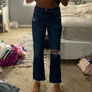 American Eagle Wide Leg (Boot Cut/Bellbottoms) Distressed Dark Wash 8 extra long